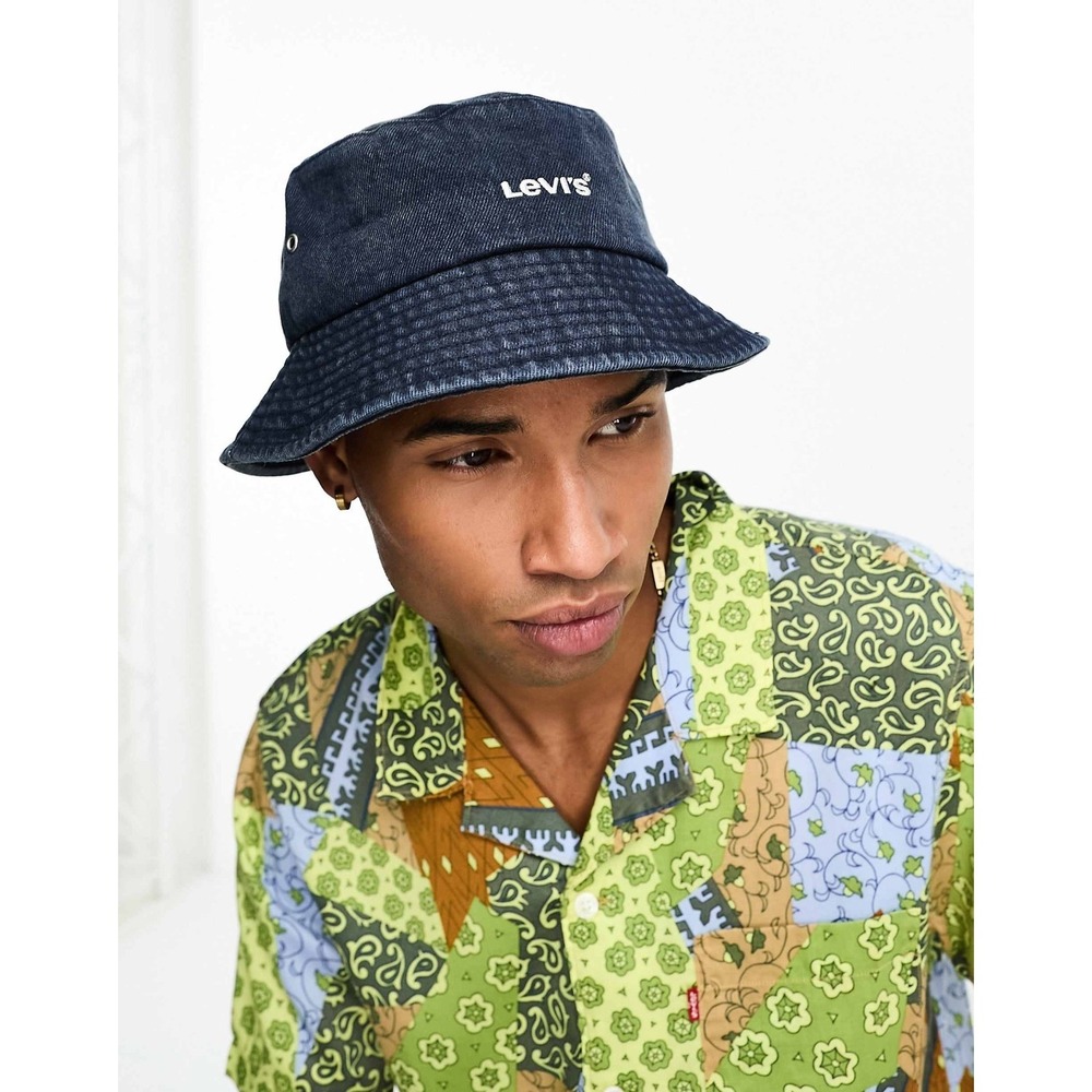 Levi's Denim Bucket Hat Blue Washed Indigo Embroidered Logo Unisex Sun Hat M